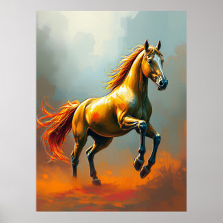 Póster Golden Horse Rears, Flowing Mane, Vibrant