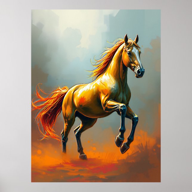 Póster Golden Horse Rears, Flowing Mane, Vibrant (Frente)