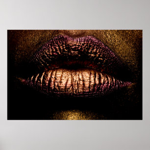 Póster Golden lips closeup. Gold metal lip. Beautiful mak