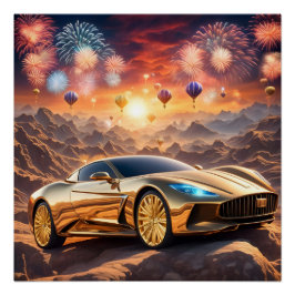 Póster golden luxury car in a desert landscape