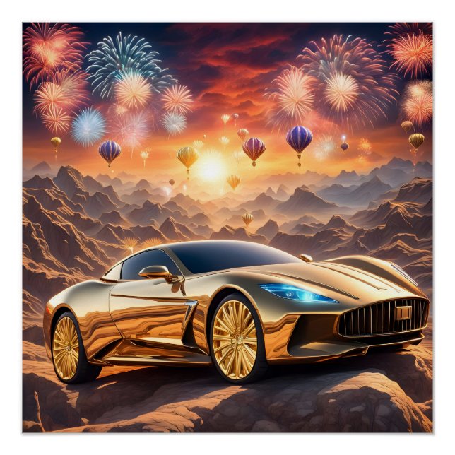 Póster golden luxury car in a desert landscape (Anverso)