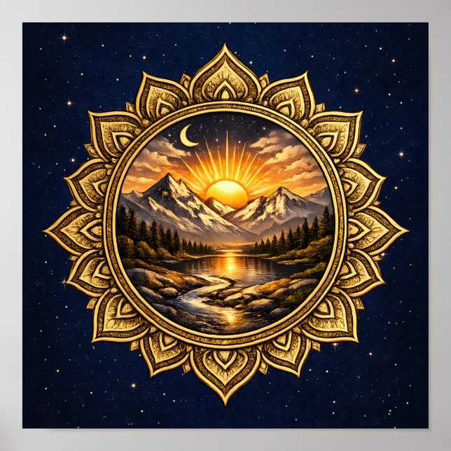 Póster Golden Mandala Mountain Sunset Cosmic Boho Nature (Frente)