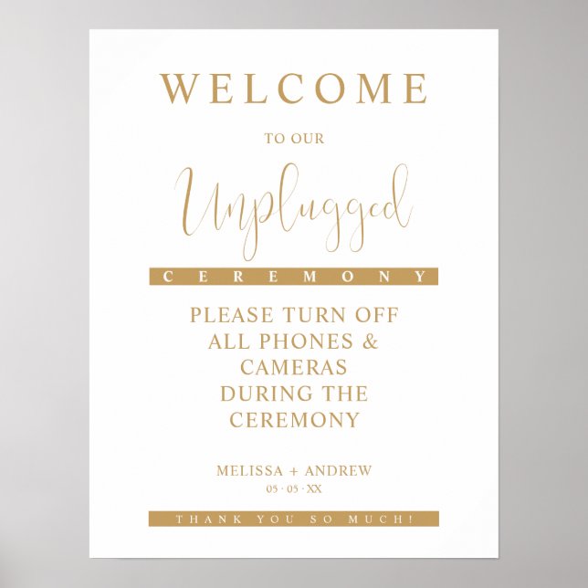 Póster Golden Minimalist Unplugged Wedding Sign (Frente)