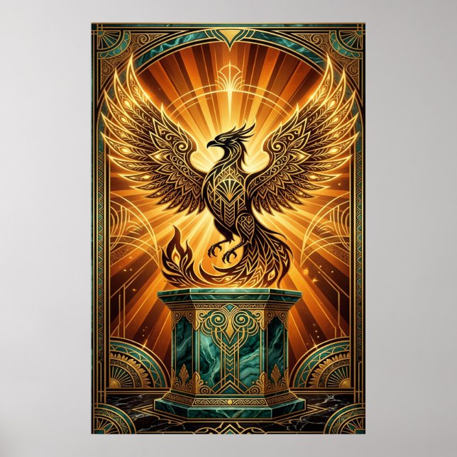 Póster Golden Phoenix Rising Art Deco Illustration (Frente)