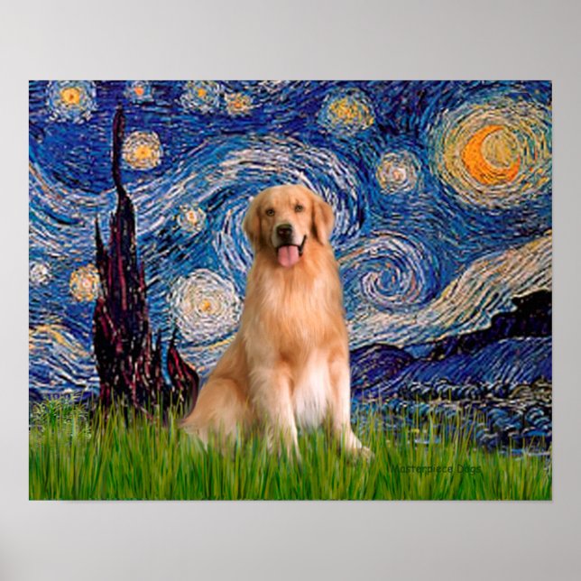Póster Golden Retriever 8 - Noche estrellada (Frente)