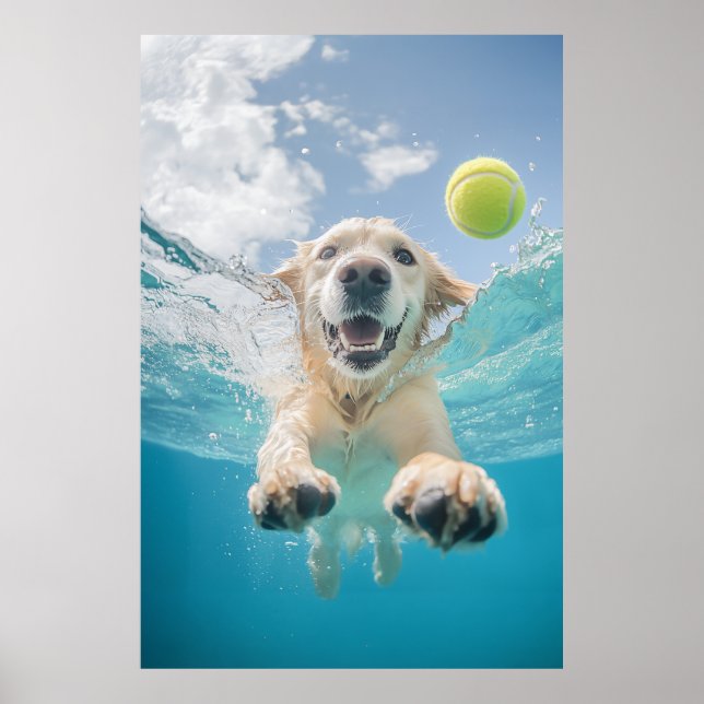 Póster Golden Retriever Buving Tennis Ball Underwater (Frente)