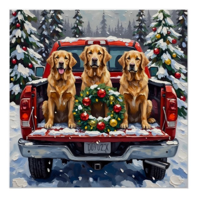 Póster Golden Retriever Christmas Red Truck Holiday (Anverso)