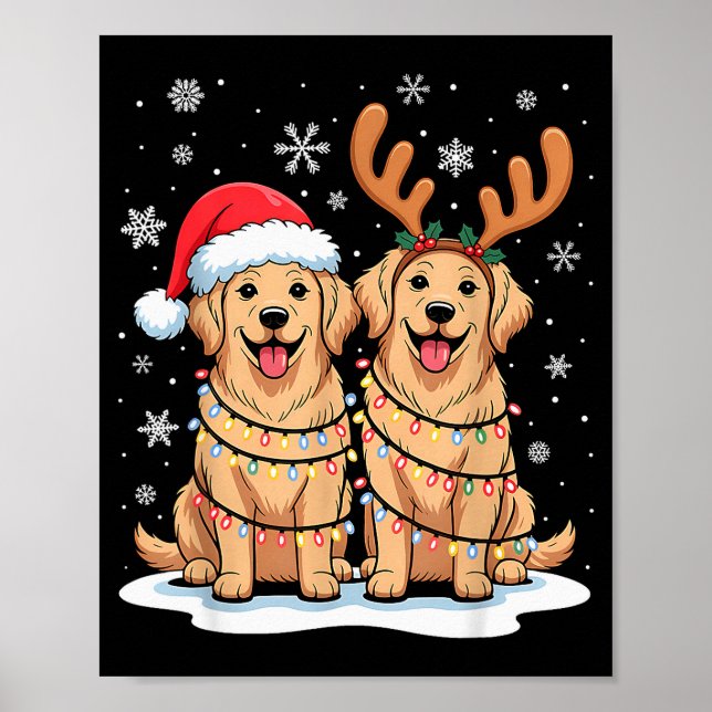 Póster Golden Retriever Christmas Santa Hat Reindeer Ligh (Frente)