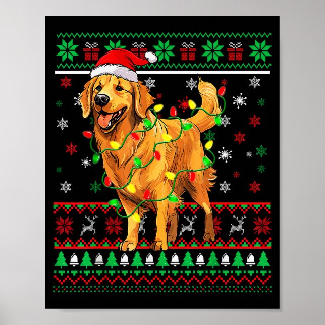 Póster Golden Retriever Christmas Santa Hat Tree Lights P (Frente)