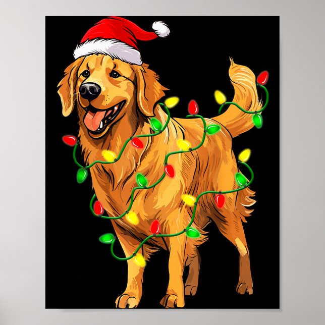 Póster Golden Retriever Christmas Santa Hat Tree Lights P (Frente)
