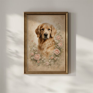 Póster Golden Retriever con Rosas