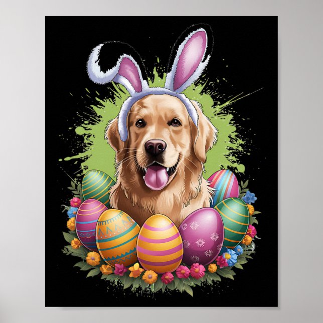 Póster Golden Retriever Dog Bunny Ears Easter Eggys Sprin (Frente)