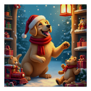 Póster Golden Retriever en el taller de Santa Navidad
