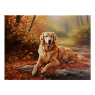 Póster Golden Retriever en Otoño Hojas Caídas Inspiran