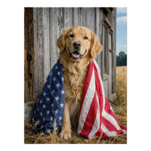 Póster Golden Retriever Envuelto en una Bandera Americana