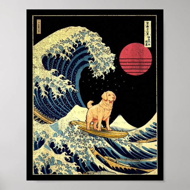 Póster Golden Retriever Japanese Kanagawa Wave Funny Surf (Frente)