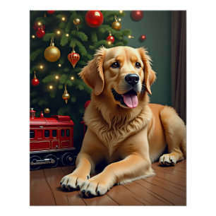Póster Golden Retriever junto al tren de juguete de Navid
