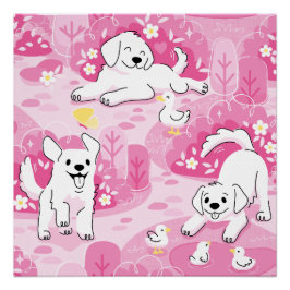 Póster Golden Retriever Puppy in Pink Garden