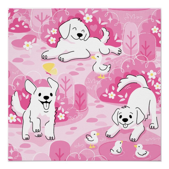 Póster Golden Retriever Puppy in Pink Garden (Anverso)