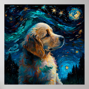 Póster Golden Retriever Puppy Starry Night Van Gogh Style