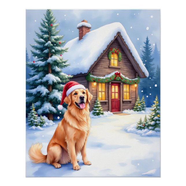 Póster Golden Retriever Rustic Cabin Santa Hat Christmas (Anverso)