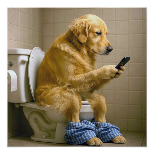 Póster Golden Retriever Sitting On the Toilet Texting (Anverso)