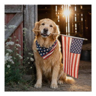 Póster Golden Retriever sosteniendo una bandera estadouni