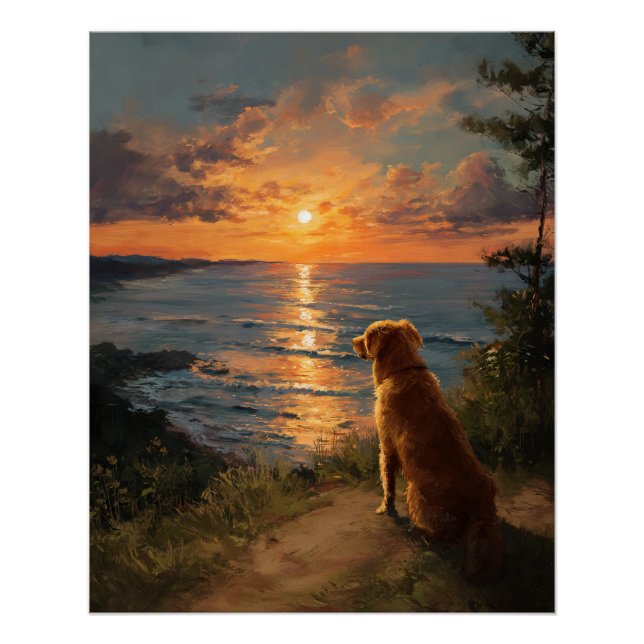Póster Golden Retriever Sunset Ocean View Art (Anverso)