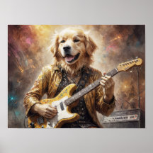 Golden Retriever tocando guitarra rock en el escen