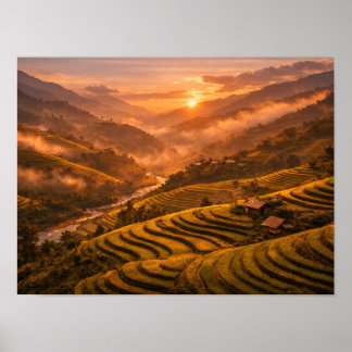 Póster Golden Sunset Rice Terraces Poster