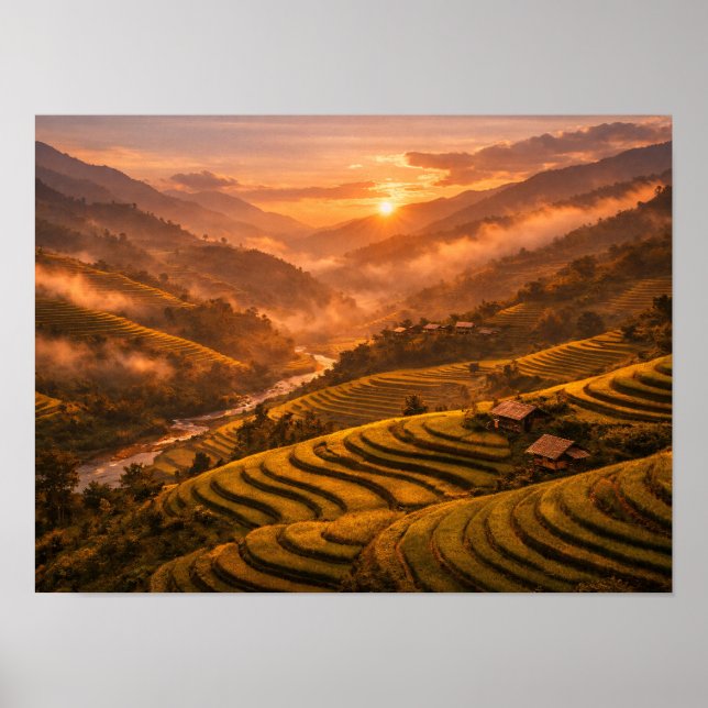 Póster Golden Sunset Rice Terraces Poster (Frente)