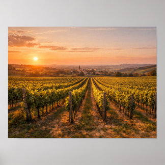 Póster Golden Sunset Vineyard Poster - Tuscan Landscape