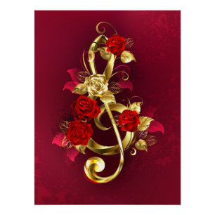 Póster Golden Treble Clef con flores Rosas