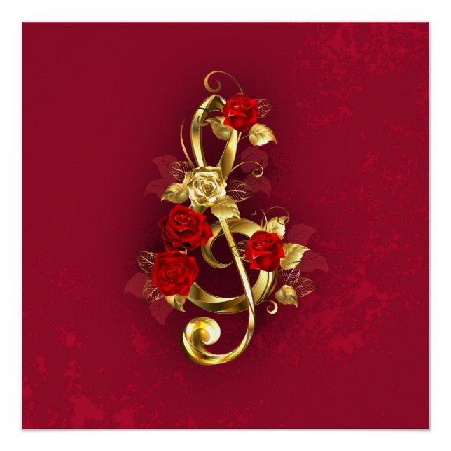 Póster Golden Treble Clef con flores Rosas (Anverso)