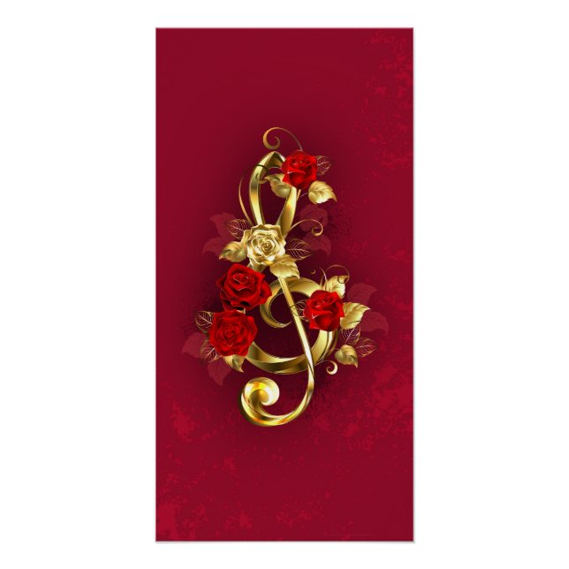Póster Golden Treble Clef con flores Rosas (Anverso)
