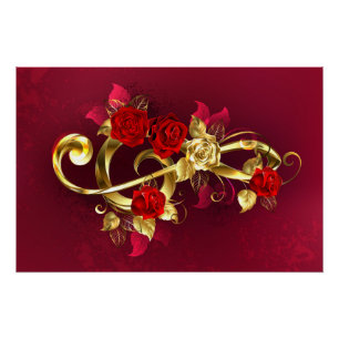 Póster Golden Treble Clef con flores Rosas