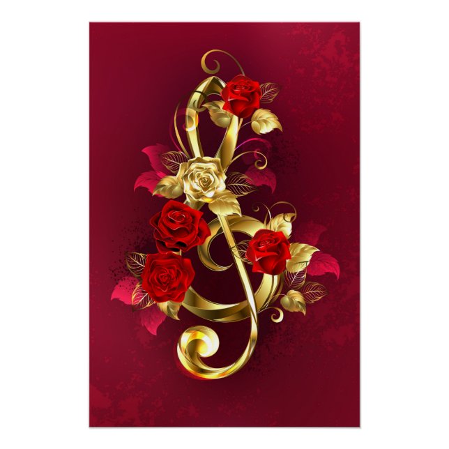 Póster Golden Treble Clef con flores Rosas (Anverso)