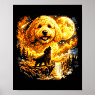 Póster Goldendoodle Aullando A La Luna Vintage Místico 