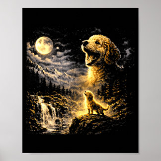 Póster Goldendoodle Aullando A La Luna Vintage Místico 
