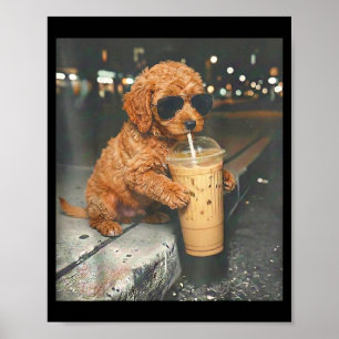 Póster Goldendoodle bebiendo café helado meme divertido d