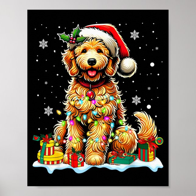 Póster Goldendoodle Christmas Santa Hat Fairy Lights Paja (Frente)