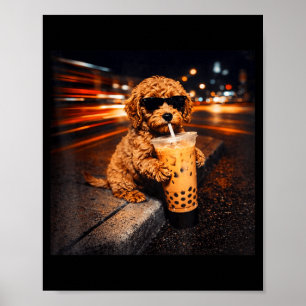 Póster Goldendoodle divertido bebiendo café helado meme d