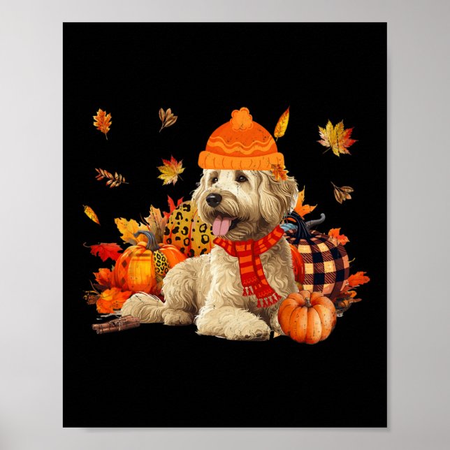 Póster Goldendoodle Dog Fall Scarf Leopardo Pumpkins Autu (Frente)