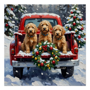 Póster Goldendoodle Navidad Camioneta Roja Fiesta