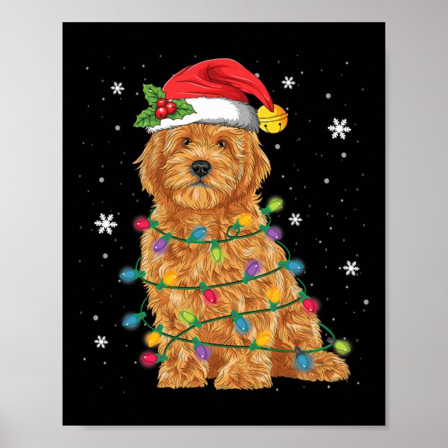 Póster Goldendoodle Navidad Sombrero de Santa Luces de Ha (Frente)