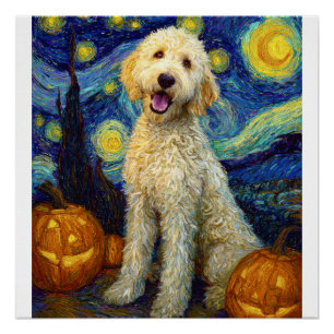 Póster Goldendoodle Perro Lindo Halloween Jack O Lantern