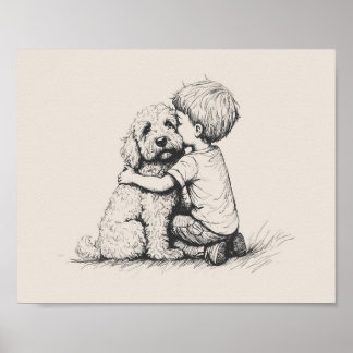 Póster goldendoodle y niño