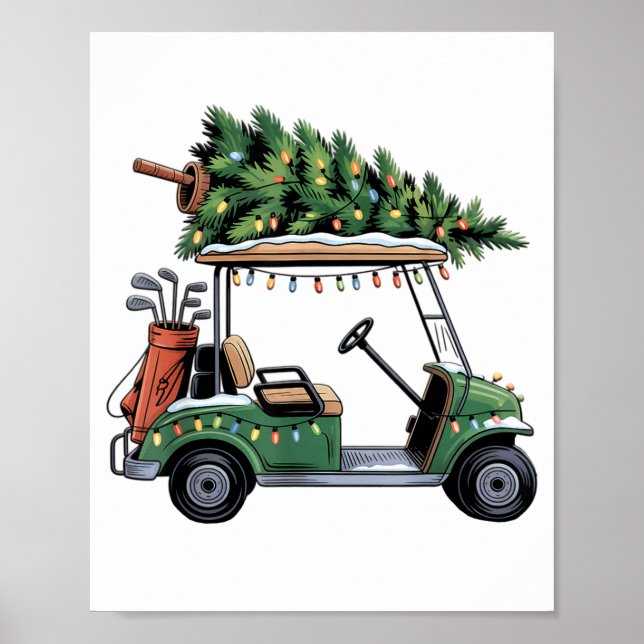 Póster Golf Cart Christmas Tree Lights Golfing Golfer Fun (Frente)