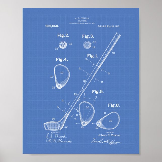 Póster Golf Club 1910 Patent Art - Blueprint (Frente)