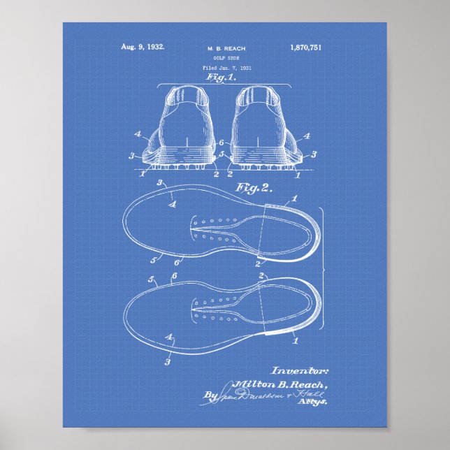 Póster Golf Shoe 1932 Patent Art - Blueprint (Frente)